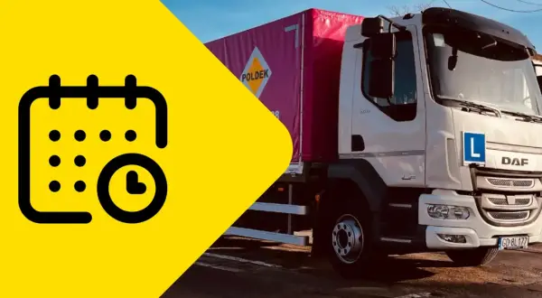 Ikona kalendarza i zegara obok ciężarówki DAF z literą "L" sugeruje pytanie: ile trwa kurs na prawo jazdy kat A?