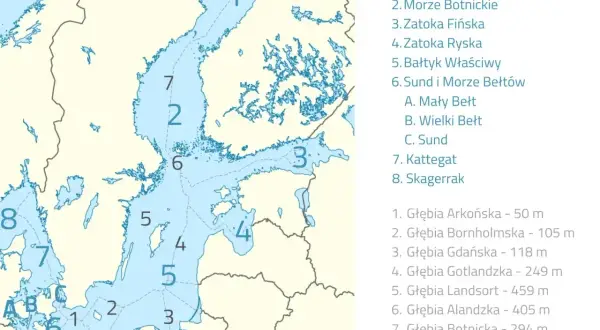 Mapa Bałtyku z zaznaczonymi głębokościami. Średnia głębokość Bałtyku jest zróżnicowana, od płytkich zatok po głębsze obszary.