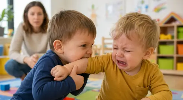 Chłopiec gryzie ramię innego dziecka, które płacze. Widać, że dziecko nie radzi sobie z emocjami.