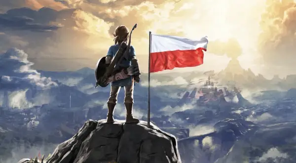 Link z tarczą i łukiem na szczycie góry, obok polska flaga. Widok na górzysty krajobraz z zamkiem w oddali. Zelda po polsku.