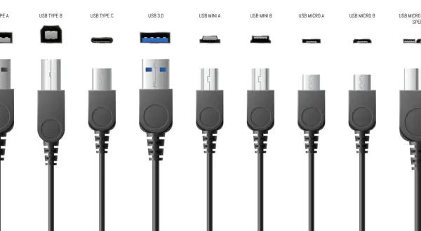 Różne rodzaje kabli USB: Type A, B, C, 3.0, Mini A, Mini B, Micro A, Micro B i Micro B Super Speed.