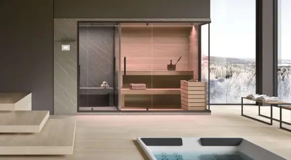 Un lussuoso mini spa in casa con sauna e doccia, affacciato su un paesaggio invernale innevato.