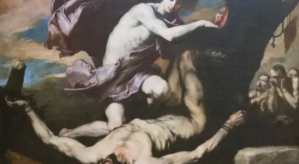 Apollo, zwycięzca w muzycznym pojedynku, okrutnie karze Marsjasza, który leży przywiązany do drzewa.