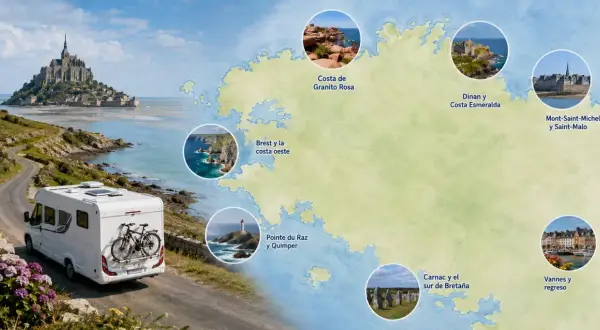 Autocaravana en una carretera costera, con Mont-Saint-Michel al fondo. Un mapa ilustra la ruta por la Bretaña francesa, destacando varios puntos de interés.