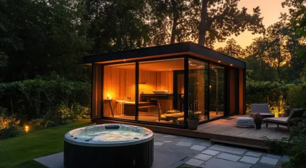 Relaks w ogrodzie: nowoczesna sauna i jacuzzi. Idealne miejsce, by sprawdzić, czy po saunie można iść do jacuzzi.