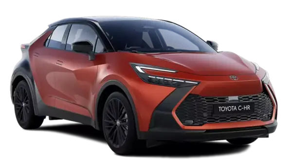 Nowy, pomarańczowy Toyota C-HR plug-in z czarnym dachem i felgami, prezentujący futurystyczny design.