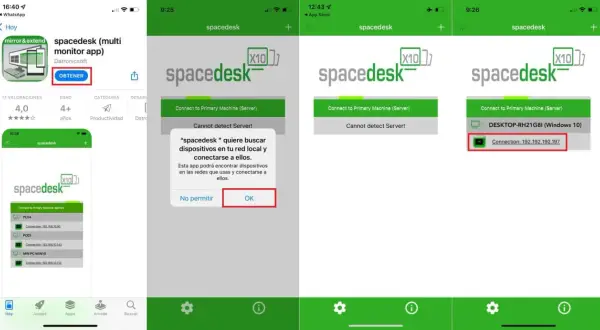 Aplikacja spacedesk do rozszerzania ekranu. Widok sklepu z aplikacjami, okno dialogowe z prośbą o pozwolenie na wyszukiwanie urządzeń w sieci, oraz ekran połączenia z komputerem.