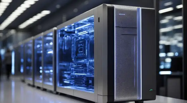 Rząd nowoczesnych serwerów z niebieskim podświetleniem. Widoczny jest switch warstwy 3, serce sieci.