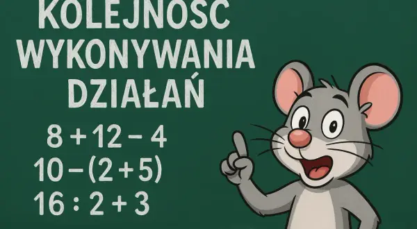Kreskówka myszki na tablicy z przykładami działań matematycznych i napisem "Kolejność wykonywania działań".