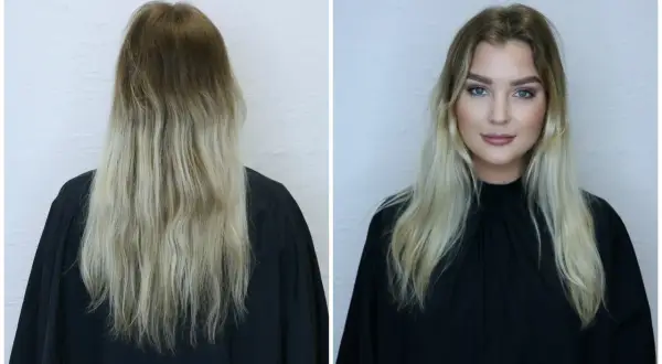 Före och efter-bild på en kvinna med långt blont hår. En förvandling med hairtalk by emelie.