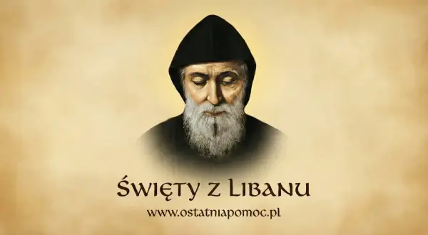 Obraz przedstawia portret Świętego Szarbela, patrona Libanu, w czarnym habicie. Pod portretem widnieje napis "Święty z Libanu" oraz adres strony internetowej.