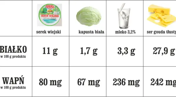 Serek wiejski ma 11 g białka na 100 g. Tabela porównuje też białko i wapń w kapuście, mleku i serze gouda.
