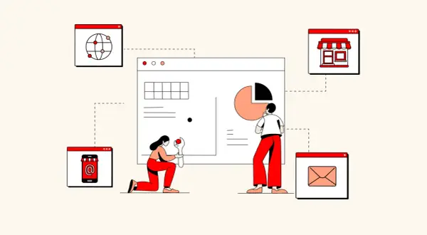 Ilustración que muestra cómo funciona una tienda online: personas interactuando con gráficos, un globo terráqueo, un móvil, una tienda y un email.