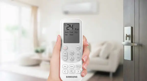 Mano che tiene il telecomando di un condizionatore Samsung. Il display mostra 24°C, Auto, Cool, Dry, Fan, Heat. Il significato di un condizionatore potente è il comfort.