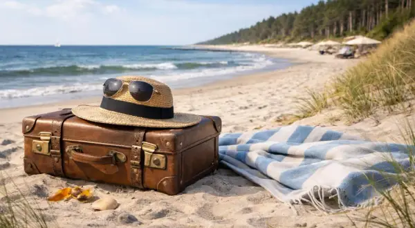 Walizka, słomkowy kapelusz z okularami przeciwsłonecznymi i ręcznik na piaszczystej plaży nad Bałtykiem.