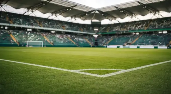 Pusta trybuna stadionu, zielona murawa i narożnik boiska. Czekamy na emocje w baraze 2 liga.