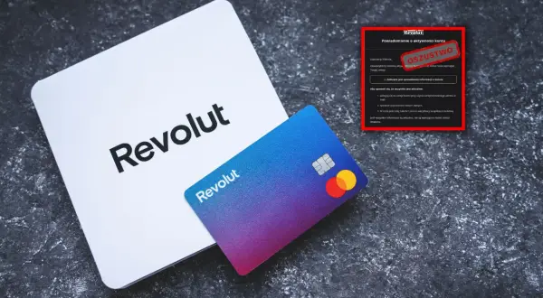 Oszustwo na Revolut! Zbliża się revolut logowanie bez aplikacji, ale uważaj na fałszywe powiadomienia. Karta Revolut i białe pudełko na ciemnym tle.