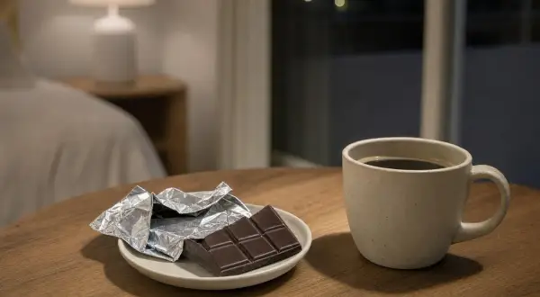 Tavoletta di cioccolato e tazza di caffè su un tavolo di legno. Ricorda che il caffè fa male al fegato, meglio godersi il cioccolato con moderazione.