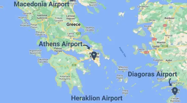 Główne lotniska w Grecji: Macedonia Airport, Athens Airport, Diagoras Airport, Heraklion Airport.