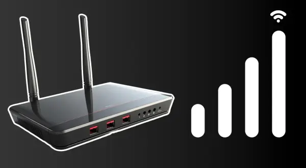 Router Wi-Fi z antenami i ikoną zasięgu sygnału.