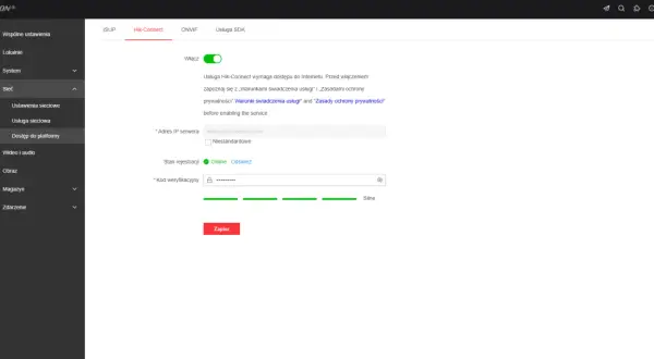 Konfiguracja usługi Hik-Connect: włączona, adres serwera, kod weryfikacyjny.