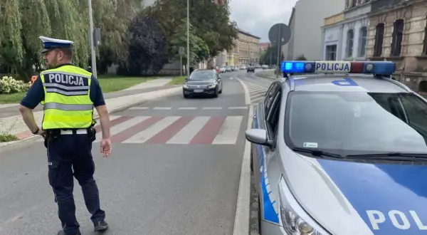 Policjant w kamizelce odblaskowej i radiowóz z włączonym sygnałem świetlnym stoją przy przejściu dla pieszych. Na radiowozie widoczny jest znak d6.