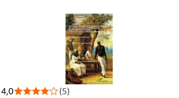 Illustration d'une scène historique avec des personnes d'origine africaine, et le titre d'un livre sur les noms de famille.