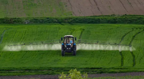 Traktor opryskuje pole środkiem zawierającym chlopyralid, dbając o zdrowie upraw.