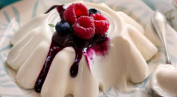 Deliziosa panna cotta con frutti di bosco e salsa ai mirtilli, servita su un piatto decorato.
