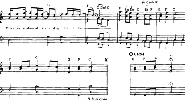 Fragment nutowy z tekstem "Whisper words of wisdom, let it be." oraz oznaczeniem "To Coda" i "CODA".