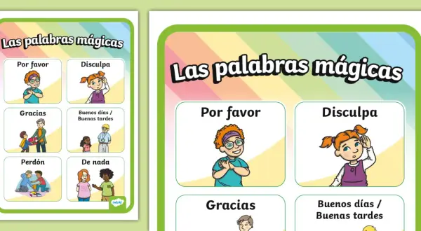 Póster educativo con ilustraciones de niños aprendiendo las palabras mágicas: "Por favor", "Disculpa", "Gracias", "Buenos días / Buenas tardes", "Perdón" y "De nada".