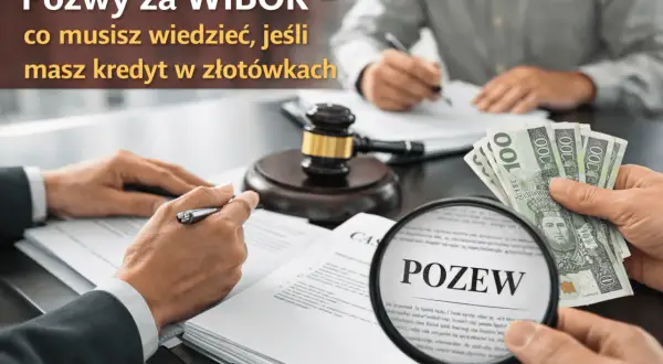 Pozwy za WIBOR – co musisz wiedzieć, jeśli masz kredyt w złotówkach. Dłoń trzyma banknoty, lupa pokazuje słowo "POZEW".