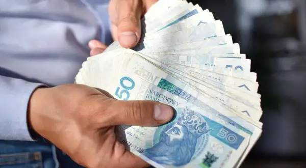 Dłonie trzymają stos banknotów 50 zł. Czy to już kwota netto?