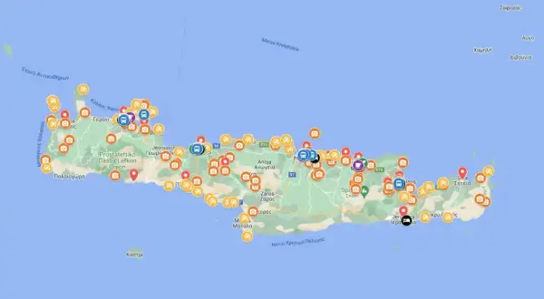 Mapa Krety z zaznaczonymi atrakcjami, idealna do stworzenia własnego planu zwiedzania. Ikony wskazują miejsca do odwiedzenia.
