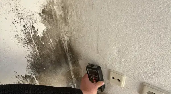 Ein Gerät misst die Feuchtigkeit an einer **schimmeligen Wand**. Dunkle Flecken breiten sich aus.