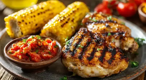 Grillade kycklinglårfile med majskolvar och tomatsalsa. Perfekt sommarmat!