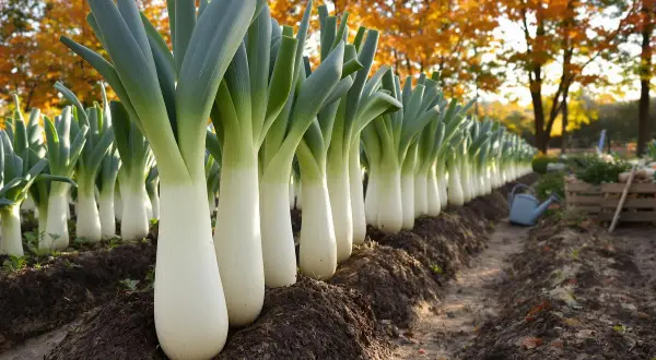 Rangée de poireaux blancs et verts dans un jardin d'automne. Faut-il tailler les poireaux pour les faire grossir ? L'image montre des poireaux prêts à être récoltés.