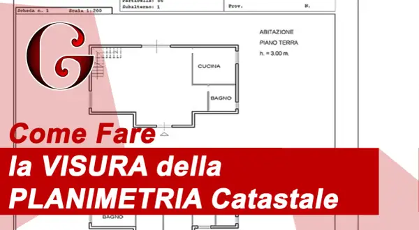 Planimetria catastale cos'è: schema di una casa con cucina e bagno, testo "Come Fare la VISURA della PLANIMETRIA Catastale".