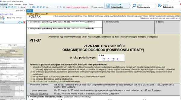 Zrzut ekranu z programu do rozliczania PIT-37, widoczny formularz zeznania podatkowego.