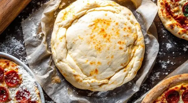 Une pâte filo dorée, prête à être garnie, repose sur du papier cuisson. Autour, des pizzas au pepperoni et un rouleau à pâtisserie.