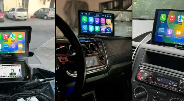 Trzy ujęcia ekranów z funkcją mirror link w samochodach i na motocyklu, pokazujące nawigację i aplikacje.