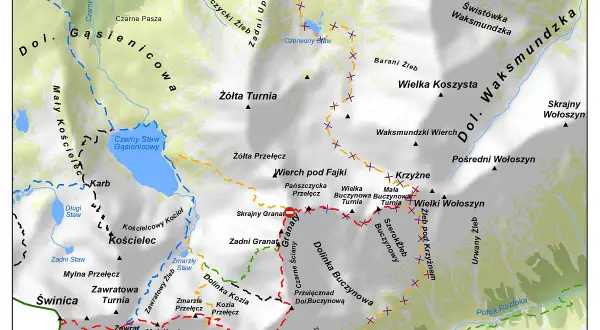 Mapa Tatr z zaznaczonymi szlakami turystycznymi, jeziorami i szczytami.