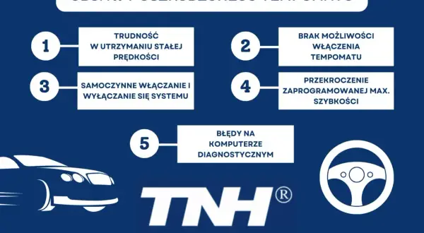 Objawy uszkodzonego tempomatu: trudność w utrzymaniu prędkości, samoczynne włączanie/wyłączanie, brak możliwości włączenia, przekroczenie max. prędkości, błędy diagnostyczne.