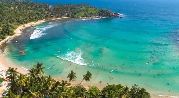 Rajska plaża na Sri Lance z palmami i turkusową wodą, gdzie surferzy cieszą się falami. Sri Lanka ciekawostki: idealne miejsce na relaks i sporty wodne.