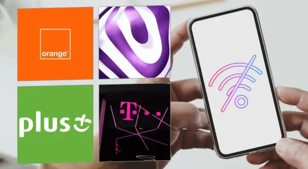 Ikony operatorów Orange, Plus i T-Mobile. Na ekranie telefonu symbol braku połączenia, sugerujący automatyczne rozłączanie połączenia.