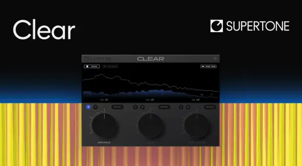 The Supertone Clear interface, a goyo voice separator, displays audio spectrum analysis and controls for ambience, voice, and voice reverb.