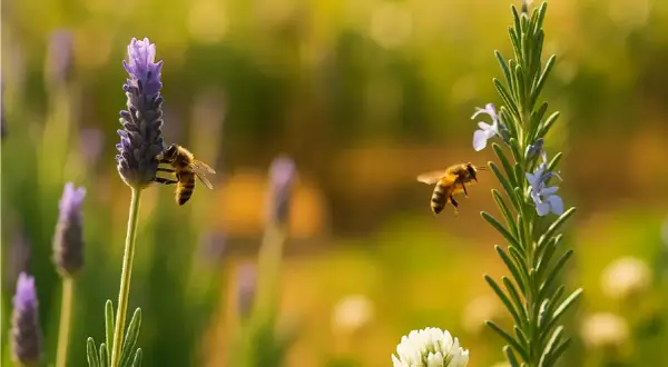 Dos abejas visitan flores de lavanda y romero. Un ejemplo perfecto de como atraer abejas a tu jardín.