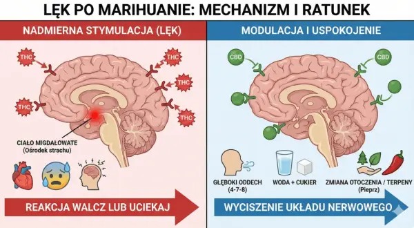 Lewa strona mózgu pokazuje nadmierną stymulację THC, wywołującą lęk i reakcję "walcz lub uciekaj". Prawa strona ilustruje modulację CBD, uspokojenie, głębokie oddechy i zmianę otoczenia, by uniknąć bad trip.