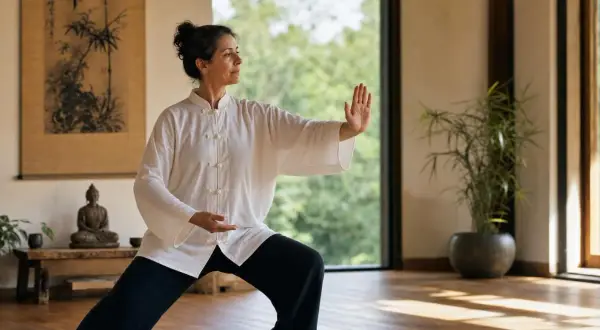 Donna pratica qi gong, un'antica arte cinese per il benessere. La sua postura fluida e il respiro calmo mostrano cos'è qi gong: armonia tra corpo e mente.
