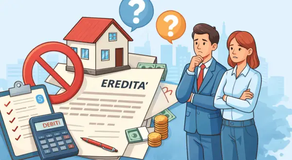 Coppia pensierosa valuta l'atto di rinuncia alla proprietà, con casa, debiti e denaro.
